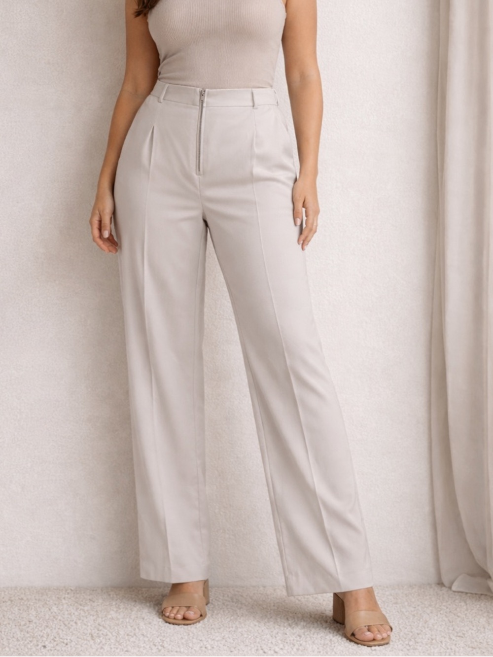 SHEIN Beige High-Waist Wide Leg Trousers